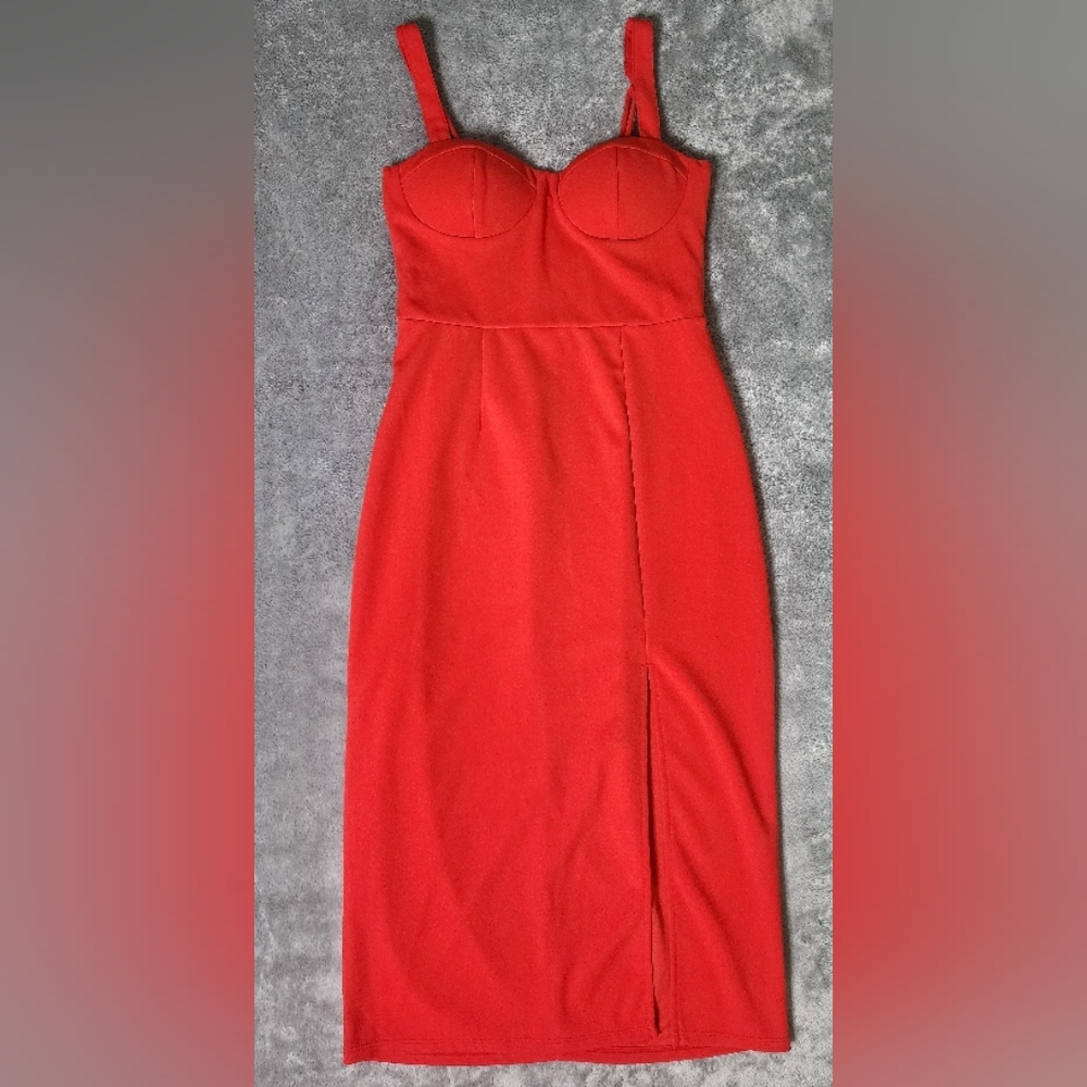 Trixxi Medium Red Hot Bustier Style Leg Sheath Midi Zip Dress Adjustable Straps